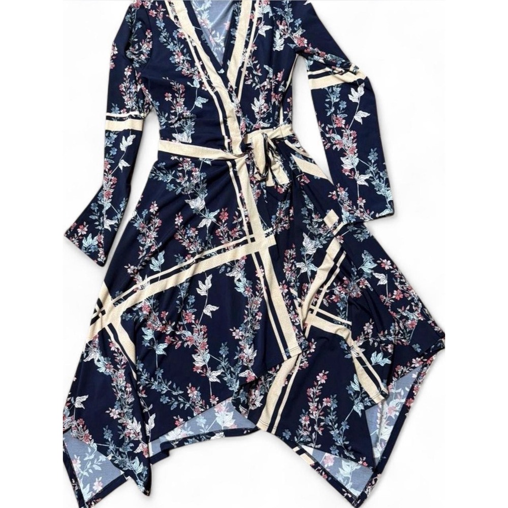 BCBG MAXAZRIA Asymmetric Long Sleeve Wrap Dress Size Small Navy‎ Blue Floral